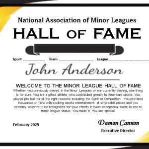 Hall of Fame certificate